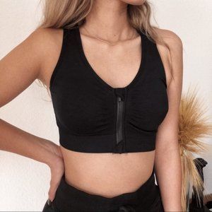 BLACK STRETCHY FRONT ZIPPER SPORT BRA